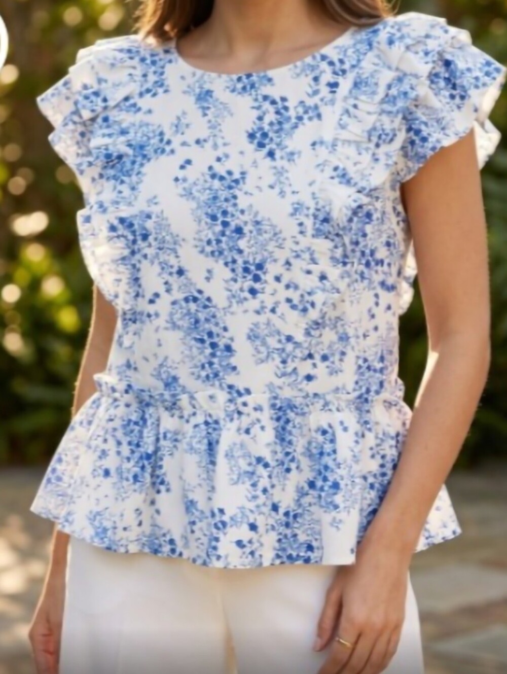 Sugarlips White Top with Blue Floral Ruffle Peplum